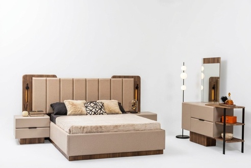 Bedroom set double bed bedside tables beige fabric 4pcs make-up