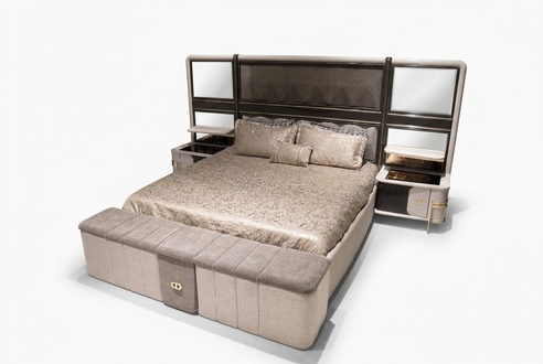 Bedroom set made of wood in beige with bed, nightstands, and bench.