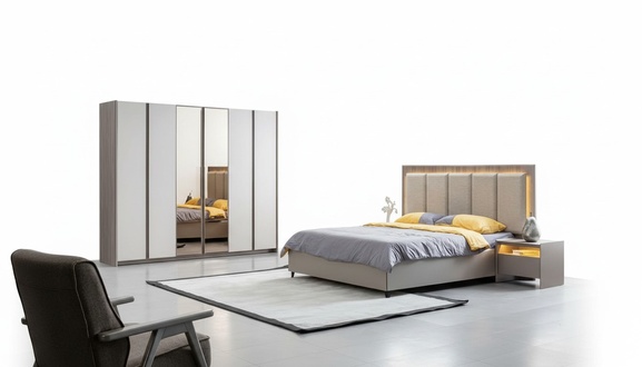 Bedroom set gray bed with 2 nightstands & spacious wardrobe 4-piece.