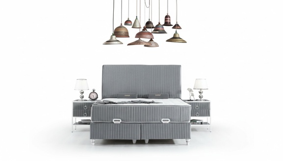Bedroom Set Gray Metal Bed Elegant Design 2x Bedside Tables 3pcs