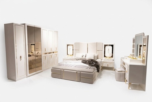 Bedroom set in beige made of wood with a modern design.