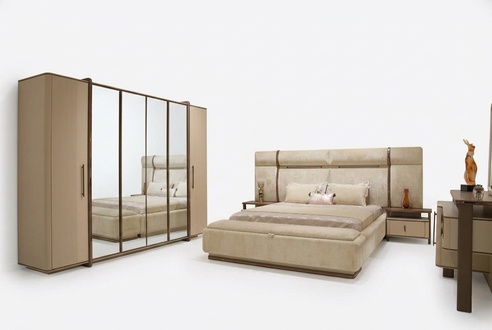 Bedroom set in beige made of wood with a modern design.