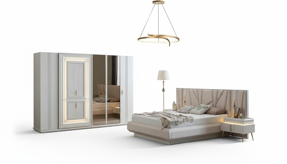 Bedroom set luxury bed 2x bedside table wardrobe 4-piece furniture
