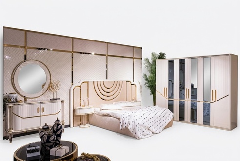 Bedroom set luxury bed 2x bedside table wardrobe chest of drawers with mirror 5 pcs