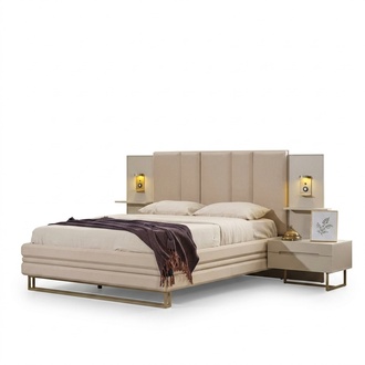 Bedroom Set Luxury Complete Beige Bed 2x Bedside Tables Modern