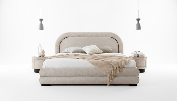 Bedroom set designer beige double bed 2x textile bedside tables