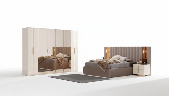 Beige Bedroom Set Designer Bed Wardrobe 2x Bedside Tables