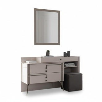 Grey bedroom furniture designer textile bed 2x wooden bedside tables