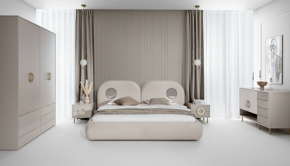 Beige bedroom set double bed closet 2x bedside tables