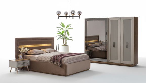 Beige bedroom set modern double bed glass wardrobe 4 pcs
