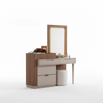 Beige-Brown Bedroom Dresser Designer Dressing Table With Mirror Set of 2