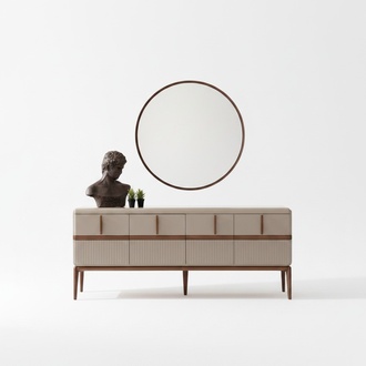 Beige Dining Room Furniture Luxury Wooden Sideboard 4-Door Glass Mirror 2pc Set