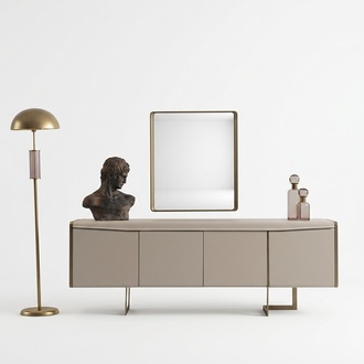 Beige Dining Room Sideboard Rectangular Mirror Stylish Wooden Furniture 2pcs