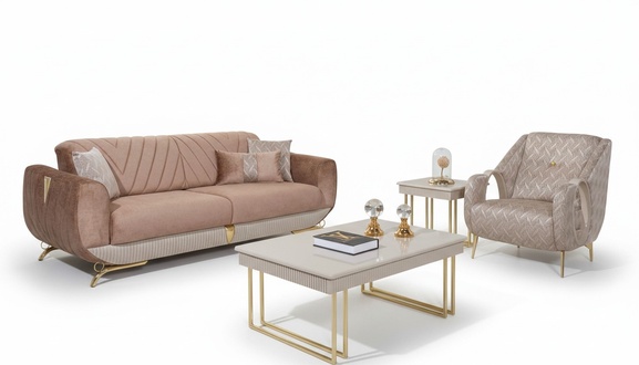 Beige living room set luxury 3-seater armchair side table