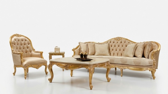 Beige living room Chesterfield sofa set Classic 3-seater armchair