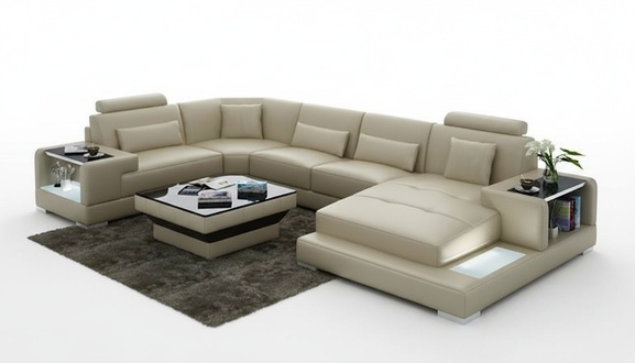 Beige Sofa corner sofa living area LED light upholstered seating set leather sofa USB