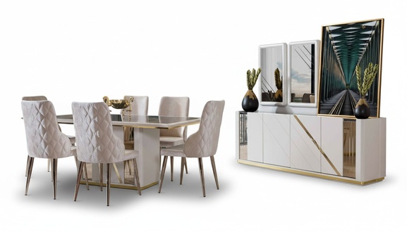 Beige stainless steel dining set designer dining table x6 chairs sideboard