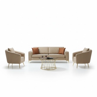 Beige stainless steel sofa set modern three-seater luxury 2x armchairs 3-piece