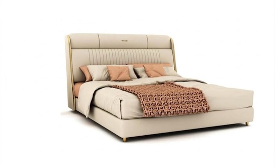 Beige Textile Bed Stylish Bedroom Furniture Designer Double Beds