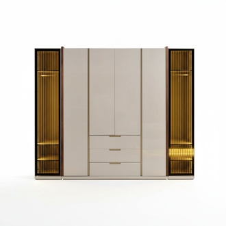 Beige wooden wardrobe, modern elegant storage space.