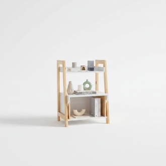 Beige-white bookshelf, shelf unit, high-quality wooden side table.