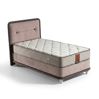 Beige wooden textile bed with mattress - Elegant and sturdy.