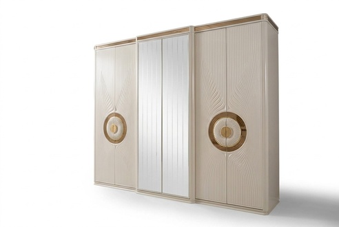 Beige wooden wardrobe in an elegant style with generous storage space.