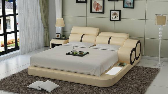 Multifunctional modern style designer marriage double bed made of real wooden frame leather upholstered model LB8816