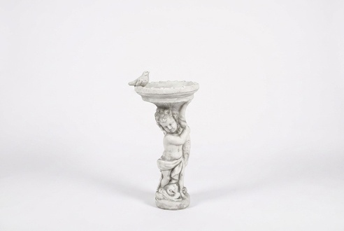 Bird bath decorative sculpture of a boy holding bowl figure made of weather-resistant cement