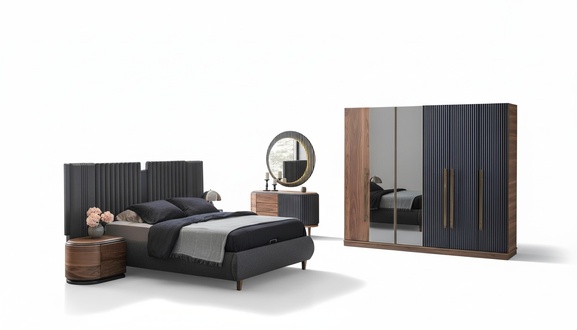 Black-beige bedroom set designer double bed 2x bedside tables