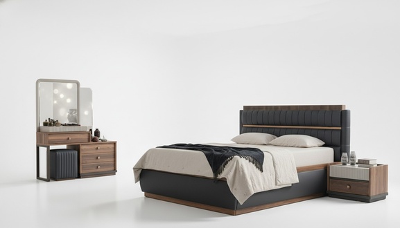 Black-Brown Bedroom Furniture Modern Double Bed Vanity Table 4-Piece Set