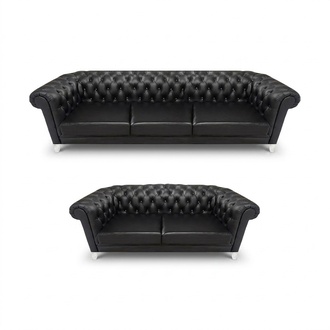 Black Chesterfield Faux Leather Sofas Modern Living Room Set 2-piece