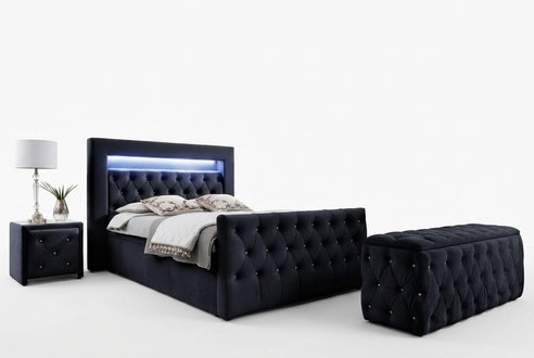 Black Chesterfield LED textile bed 2x wooden bedside tables stools 4 pcs