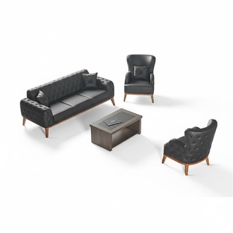 Black Chesterfield leather seating group 3-seater coffee table 2x armchairs