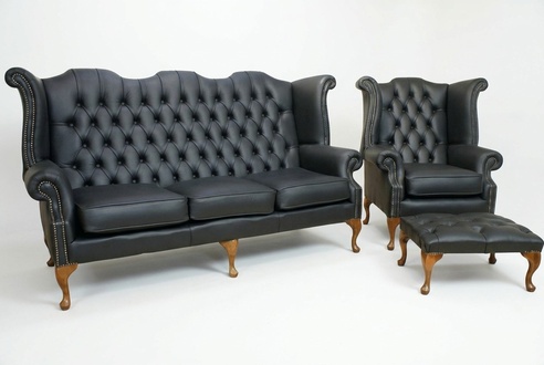 Black Chesterfield leather sofa couch upholstery set 3+1 seater wing chair + stool New