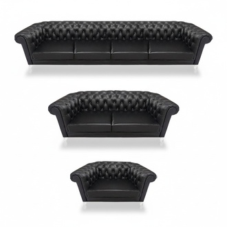 Black Chesterfield leather suite designer 4-seater sofa loveseat armchair