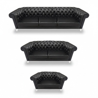 Black Chesterfield Leather Suite Designer Sofas Living Room Armchair