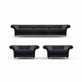 Black Chesterfield Upholstered Seating Group Modern Furniture Fabric Armchair 3-piece