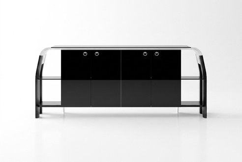 Black wooden console, modern and elegant.
