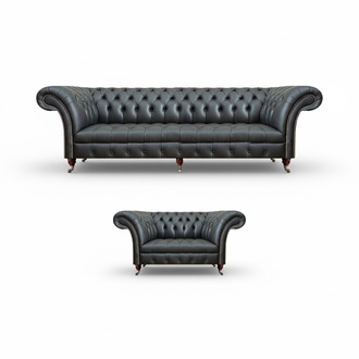 Black leather sofa complete armchair living room 2-piece sofa three-seater Chesterfield