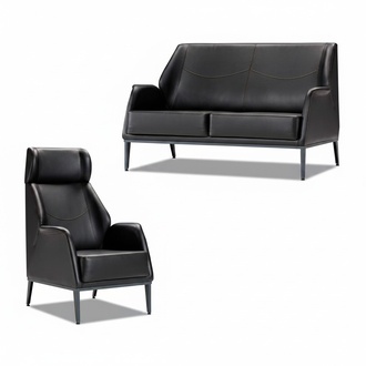 Black Leather Suite Modern Two-Seater Upholstered Armchair Furniture 2-piece