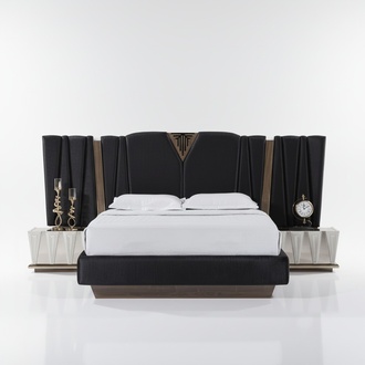 Black modern bedroom set made of wood with stylish nightstands.