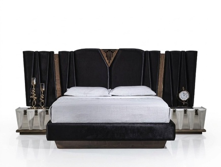 Black modern bedroom set made of wood with stylish nightstands.