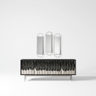 Black modern sideboard made of wood and glass.