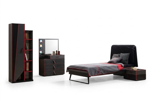 Black-Red Children\'s Room Set Modern Furniture Bed Bookshelf Table