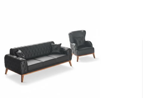 Black office seating furniture designer leather 3-seater 1 armchair 2-piece set