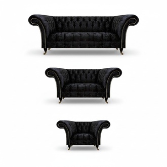 Black textile Chesterfield sofa set elegant three-seater armchair 3-piece