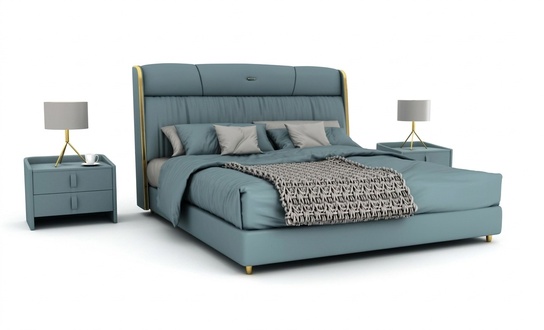 Blue bedroom double bed designer furniture LED bed wood textile beds