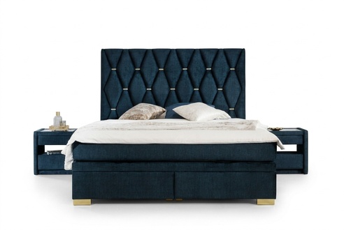 Blue bedroom textile set Fine bedside tables Stainless steel bed 3pcs