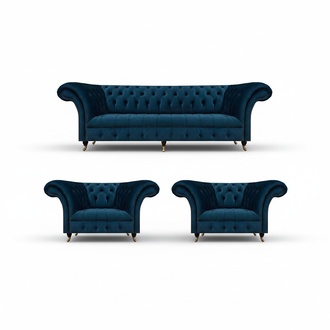 Blue Chesterfield 2x Armchair Living Room Three-Seater Upholstered Couch 3-piece set